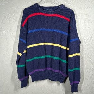 Vintage GANT Navy Blue Rainbow Stripe Knit Long Sleeve Sweater Men's Siz…